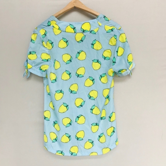Modcloth Blue yellow lemon print v-neckline blouse size small short sleeve w/tie - Picture 3 of 12